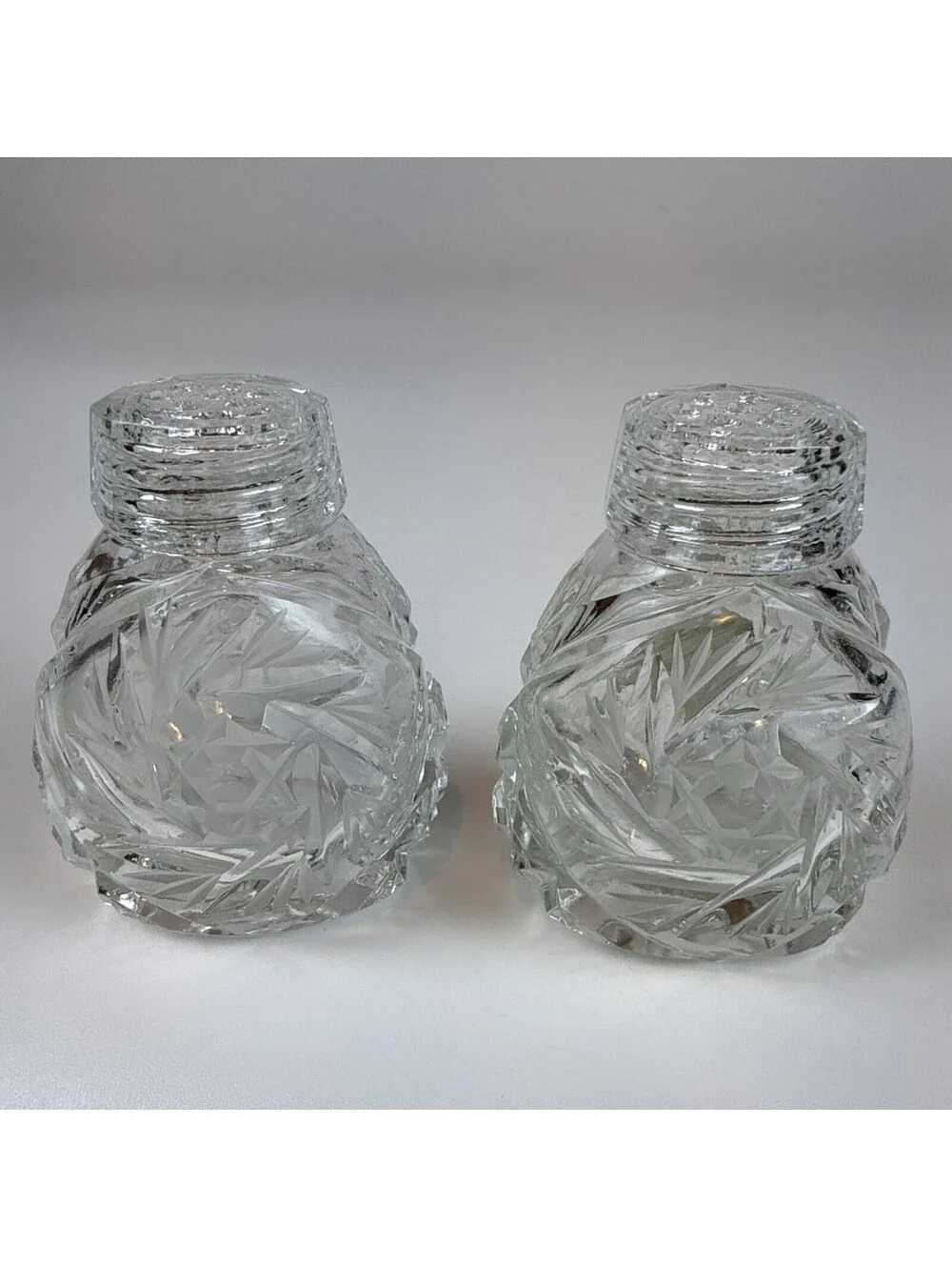 Vintage Bohemia Crystal Salt Pepper Shakers Complete Glass Lids Czechoslovakia